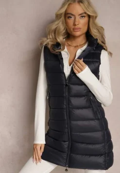 Granatowa Pikowana Kamizelka z Odpinanym Kapturem Samore