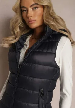 Granatowa Pikowana Kamizelka z Odpinanym Kapturem Samore