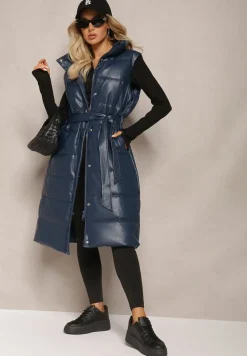 Granatowa Pikowana Kamizelka z Ekoskóry o Długim Fasonie z Paskiem Atirit