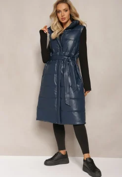 Granatowa Pikowana Kamizelka z Ekoskóry o Długim Fasonie z Paskiem Atirit