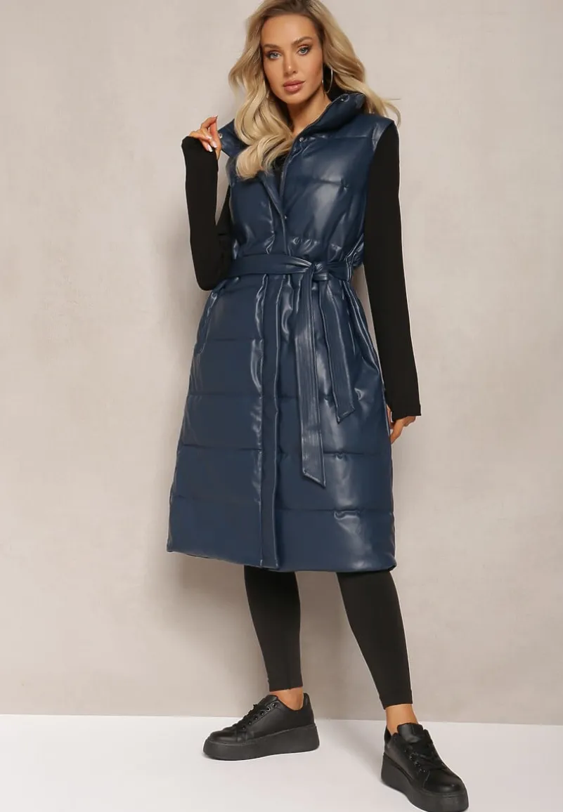 Granatowa Pikowana Kamizelka z Ekoskóry o Długim Fasonie z Paskiem Atirit