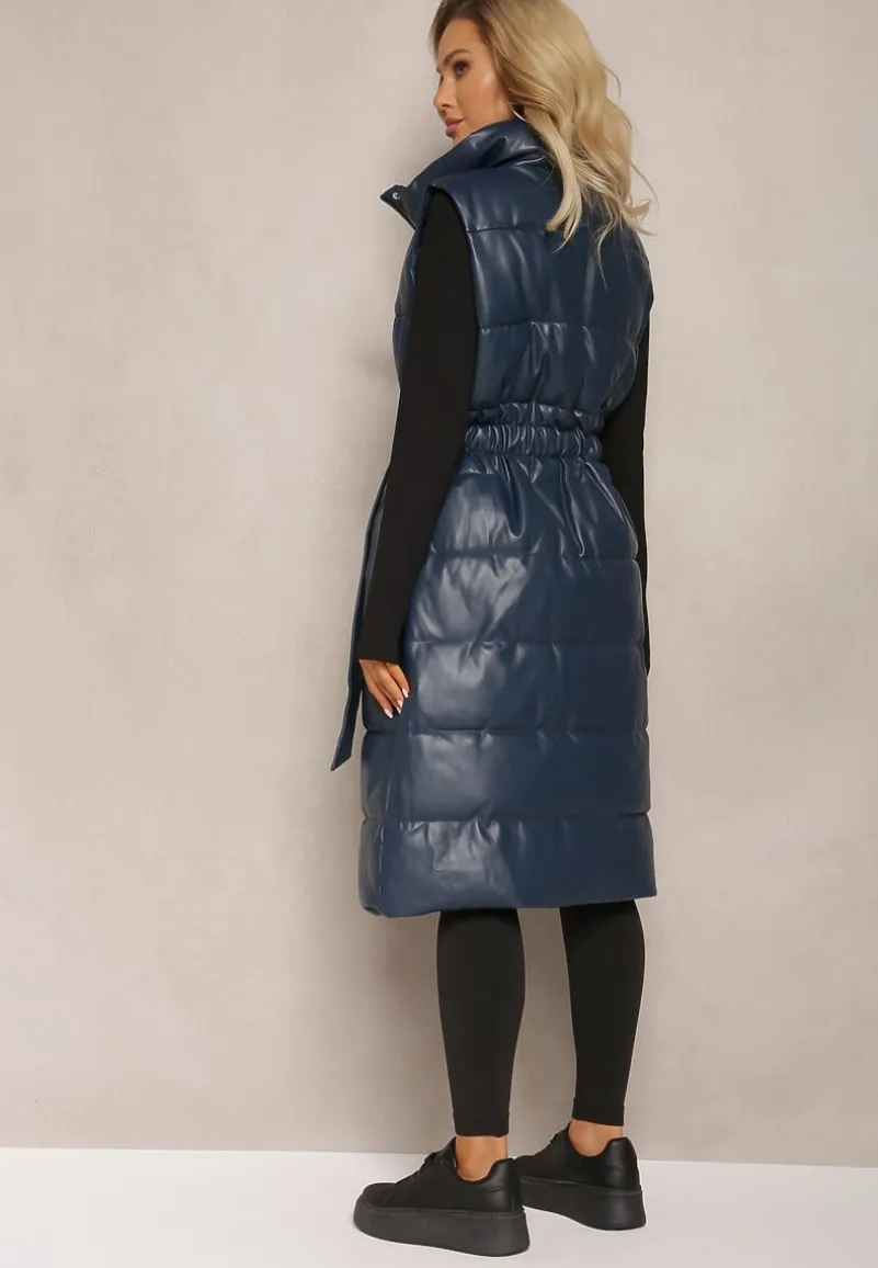 Granatowa Pikowana Kamizelka z Ekoskóry o Długim Fasonie z Paskiem Atirit