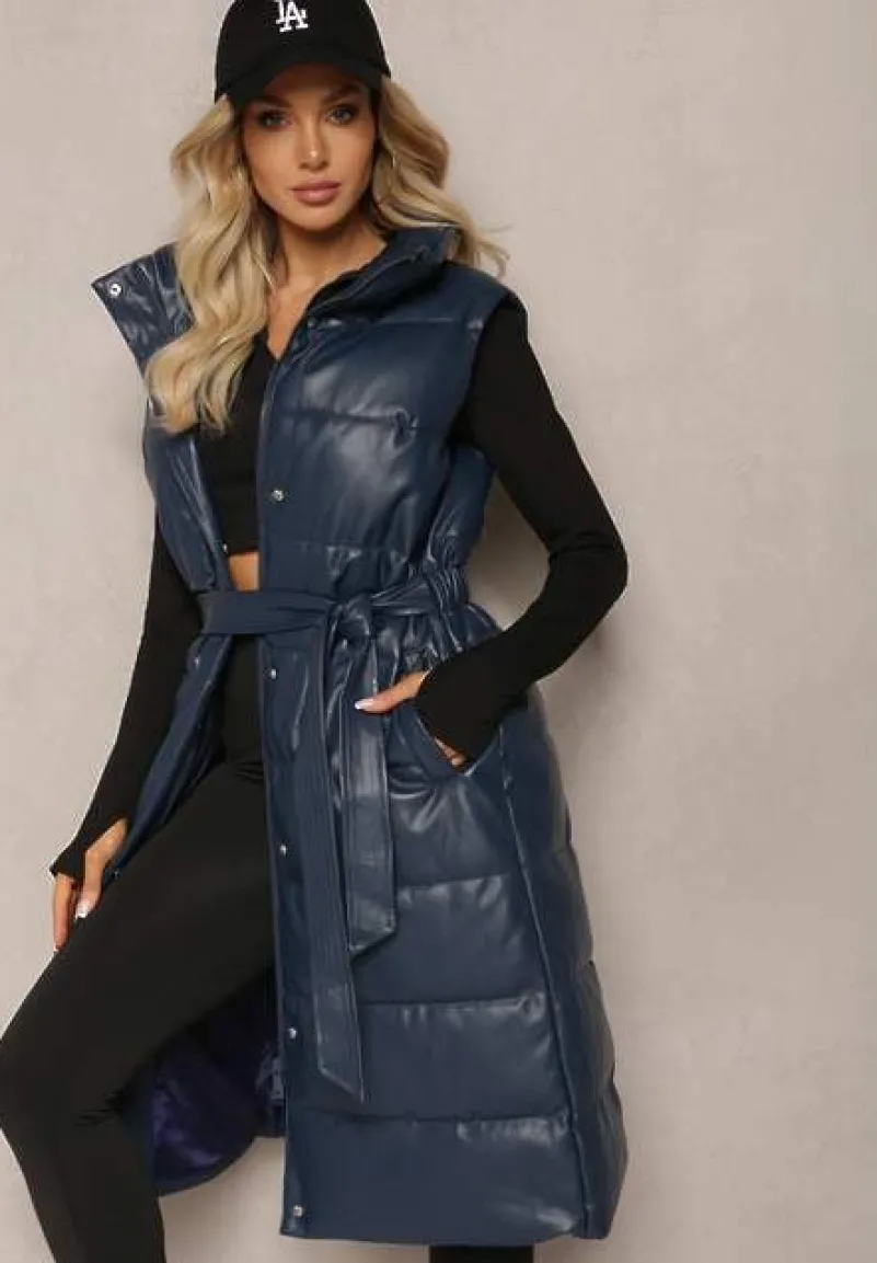 Granatowa Pikowana Kamizelka z Ekoskóry o Długim Fasonie z Paskiem Atirit