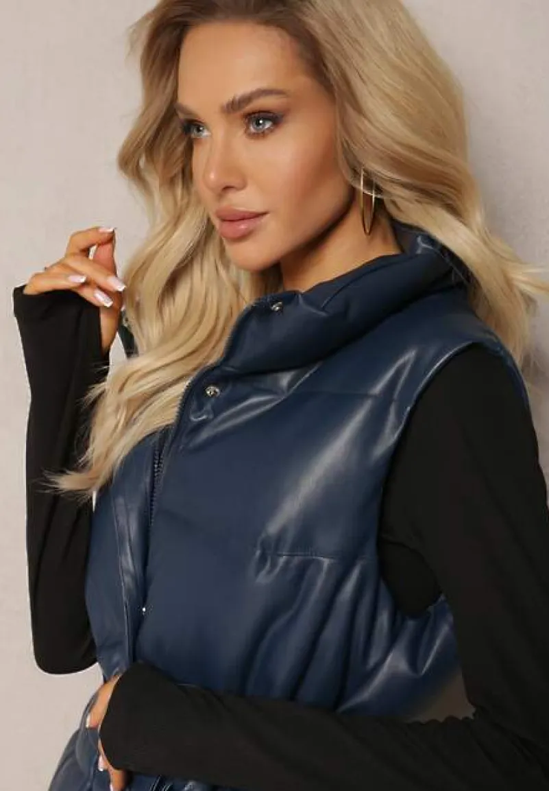 Granatowa Pikowana Kamizelka z Ekoskóry o Długim Fasonie z Paskiem Atirit