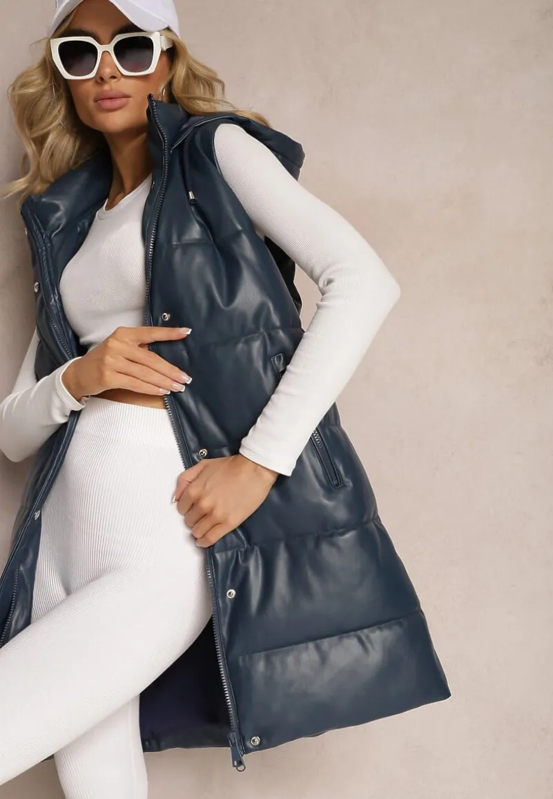 Granatowa Pikowana Kamizelka z Ekoskóry i Kapturem Palermia