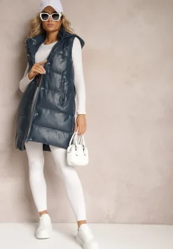 Granatowa Pikowana Kamizelka z Ekoskóry i Kapturem Palermia