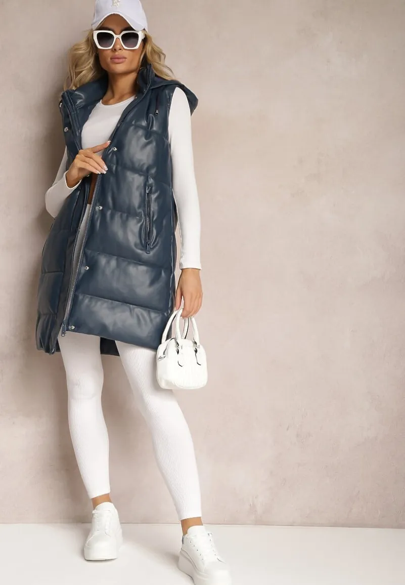 Granatowa Pikowana Kamizelka z Ekoskóry i Kapturem Palermia