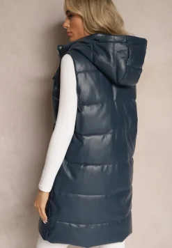 Granatowa Pikowana Kamizelka z Ekoskóry i Kapturem Palermia