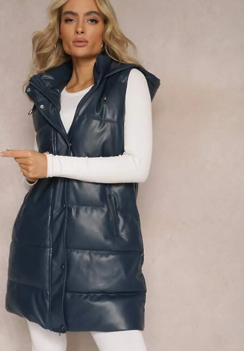 Granatowa Pikowana Kamizelka z Ekoskóry i Kapturem Palermia