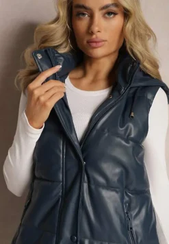 Granatowa Pikowana Kamizelka z Ekoskóry i Kapturem Palermia