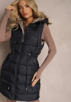 Granatowa Pikowana Kamizelka Dwustronna z Troczkiem w Pasie o Wydłużonym Fasonie Selinorda