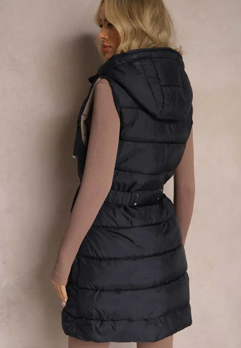 Granatowa Pikowana Kamizelka Dwustronna z Troczkiem w Pasie o Wydłużonym Fasonie Selinorda