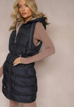 Granatowa Pikowana Kamizelka Dwustronna z Troczkiem w Pasie o Wydłużonym Fasonie Selinorda