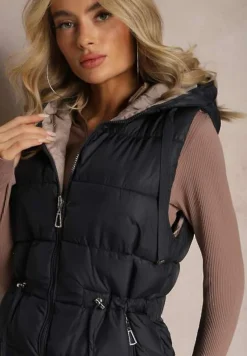 Granatowa Pikowana Kamizelka Dwustronna z Troczkiem w Pasie o Wydłużonym Fasonie Selinorda