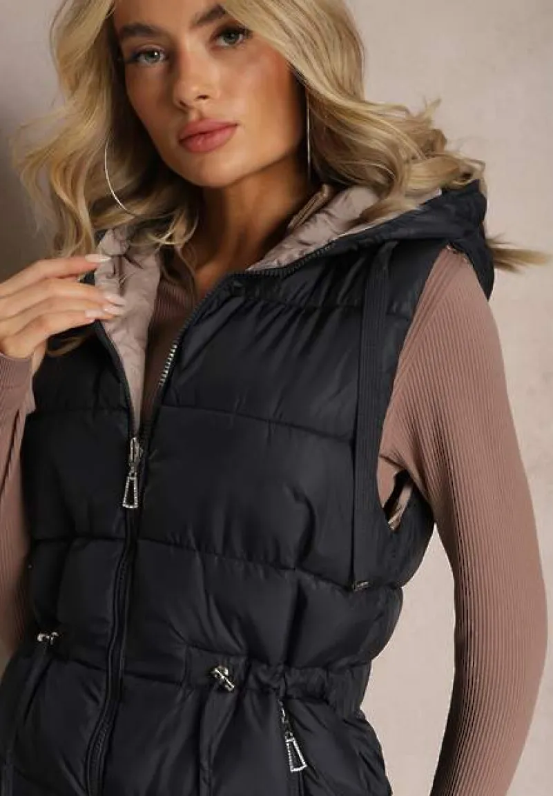 Granatowa Pikowana Kamizelka Dwustronna z Troczkiem w Pasie o Wydłużonym Fasonie Selinorda