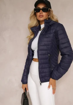 Granatowa Pikowana Kurtka z Odpinanym Kapturem Sissata