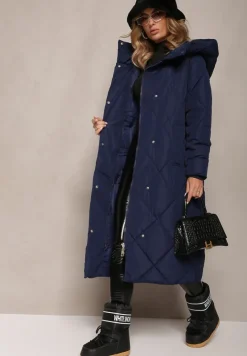 Granatowa Pikowana Kurtka Płaszcz za Kolano z Kapturem Kinassan