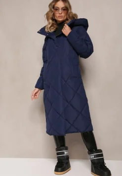 Granatowa Pikowana Kurtka Płaszcz za Kolano z Kapturem Kinassan