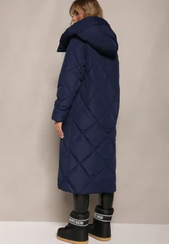 Granatowa Pikowana Kurtka Płaszcz za Kolano z Kapturem Kinassan