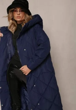 Granatowa Pikowana Kurtka Płaszcz za Kolano z Kapturem Kinassan