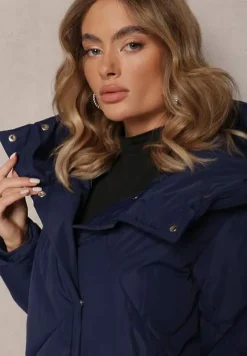 Granatowa Pikowana Kurtka Płaszcz za Kolano z Kapturem Kinassan