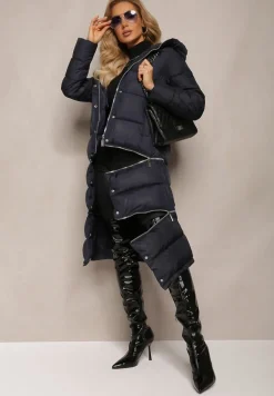 Granatowa Pikowana Kurtka Płaszcz z Kapturem i Regulowaną Długością Tirilele