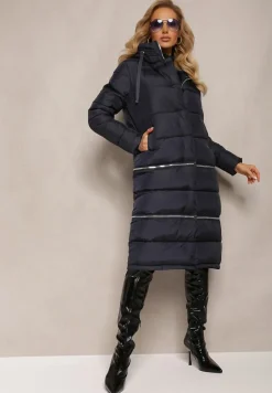 Granatowa Pikowana Kurtka Płaszcz z Kapturem i Regulowaną Długością Tirilele
