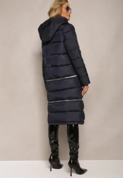 Granatowa Pikowana Kurtka Płaszcz z Kapturem i Regulowaną Długością Tirilele