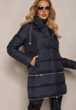 Granatowa Pikowana Kurtka Płaszcz z Kapturem i Regulowaną Długością Tirilele