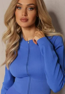 Granatowa Prążkowana Bluza o Krótkim Fasonie Dwoma Suwakami Aloue