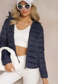 Granatowa Przejściowa Kurtka z Odpinanym Kapturem i Pikowaniem Okluma