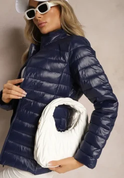 Granatowa Przejściowa Kurtka Pikowana z Zasuwanymi Kieszeniami Asethalia