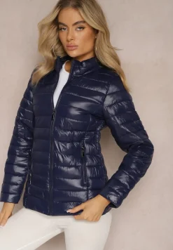 Granatowa Przejściowa Kurtka Pikowana z Zasuwanymi Kieszeniami Asethalia