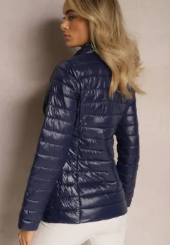 Granatowa Przejściowa Kurtka Pikowana z Zasuwanymi Kieszeniami Asethalia