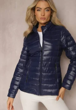 Granatowa Przejściowa Kurtka Pikowana z Zasuwanymi Kieszeniami Asethalia