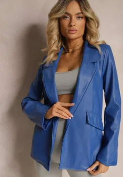 Granatowa Pudełkowa Marynarka z Ekoskóry Niezapinana z Poduszkami w Ramionach Suniya