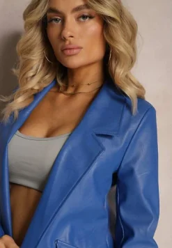 Granatowa Pudełkowa Marynarka z Ekoskóry Niezapinana z Poduszkami w Ramionach Suniya