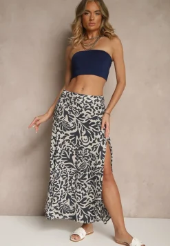 Granatowa Rozkloszowana Spódnica z Wiskozy ze Wsuwanymi Kieszeniami Koselle