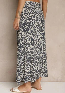 Granatowa Rozkloszowana Spódnica z Wiskozy ze Wsuwanymi Kieszeniami Koselle