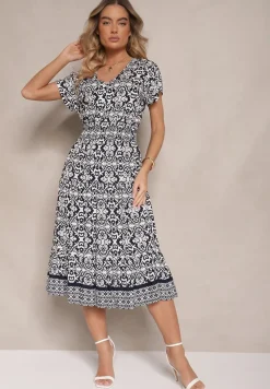 Granatowa Rozkloszowana Sukienka z Bawełny w Print Paisley Lanarisa