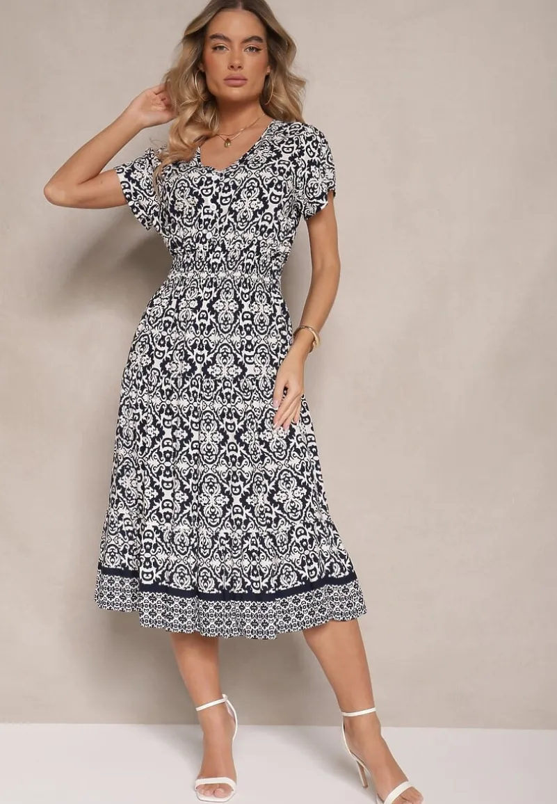 Granatowa Rozkloszowana Sukienka z Bawełny w Print Paisley Lanarisa