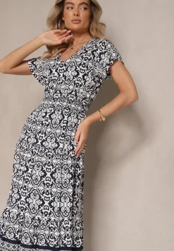 Granatowa Rozkloszowana Sukienka z Bawełny w Print Paisley Lanarisa