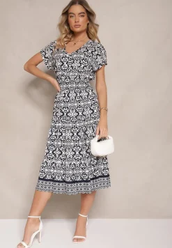 Granatowa Rozkloszowana Sukienka z Bawełny w Print Paisley Lanarisa