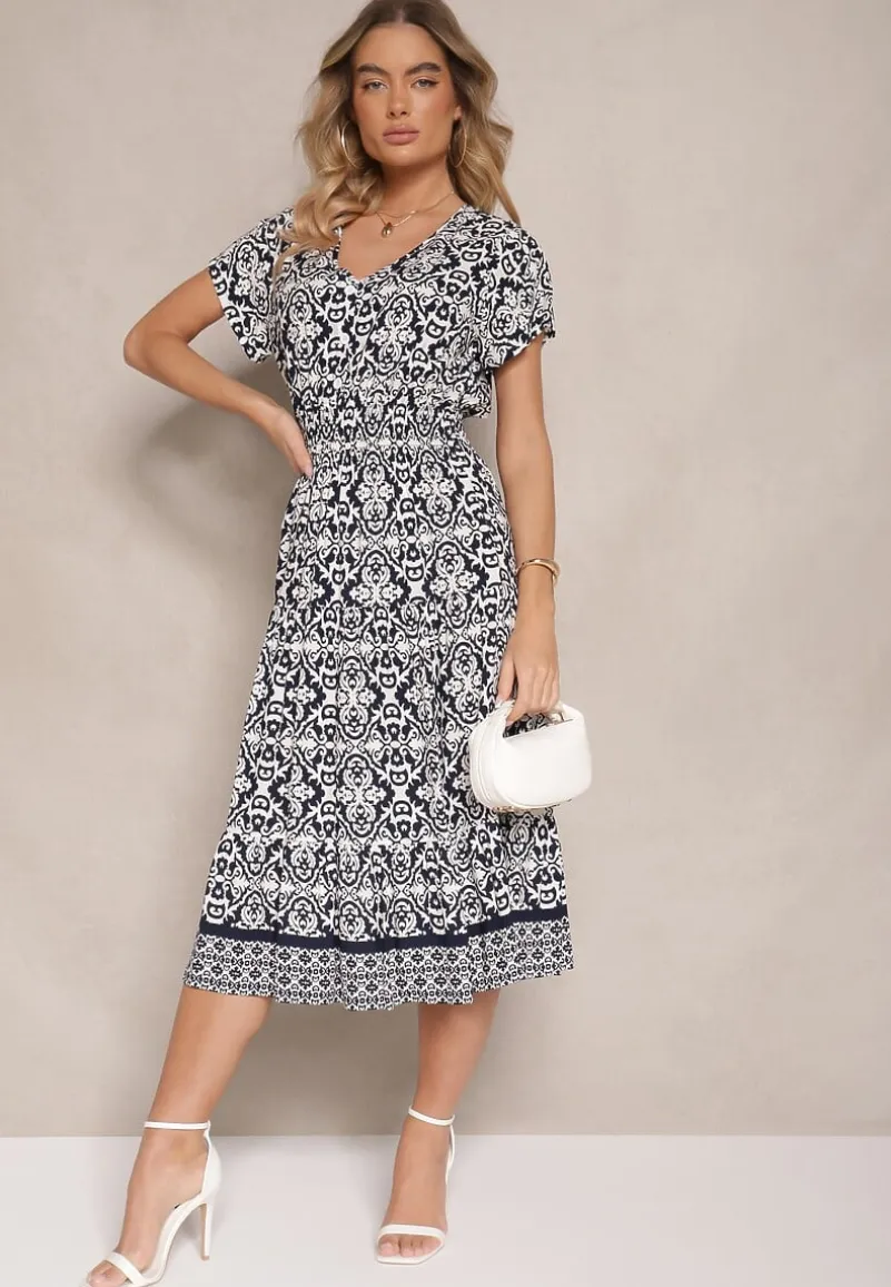 Granatowa Rozkloszowana Sukienka z Bawełny w Print Paisley Lanarisa