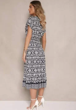 Granatowa Rozkloszowana Sukienka z Bawełny w Print Paisley Lanarisa