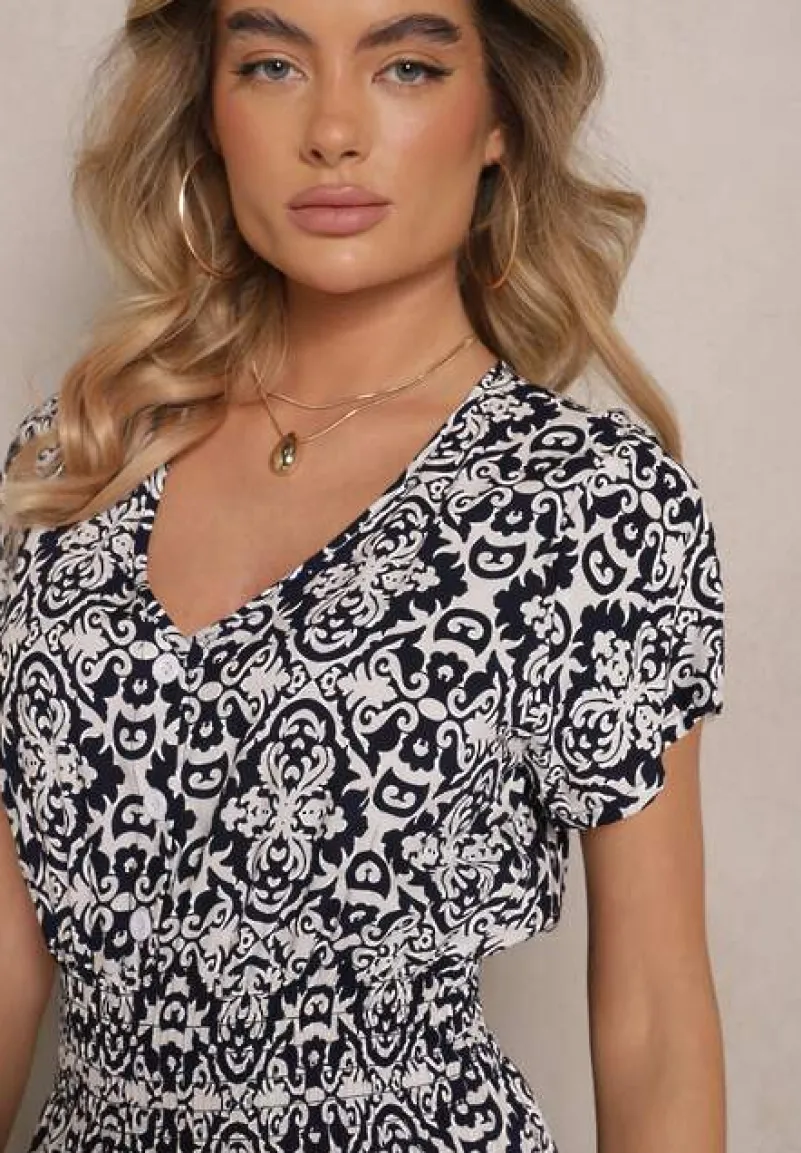 Granatowa Rozkloszowana Sukienka z Bawełny w Print Paisley Lanarisa