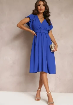 Granatowa Rozkloszowana Sukienka z Paskiem i Kopertowym Dekoltem Brinea