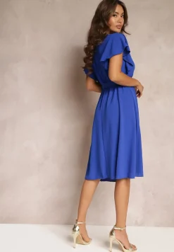 Granatowa Rozkloszowana Sukienka z Paskiem i Kopertowym Dekoltem Brinea