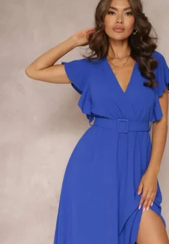 Granatowa Rozkloszowana Sukienka z Paskiem i Kopertowym Dekoltem Brinea