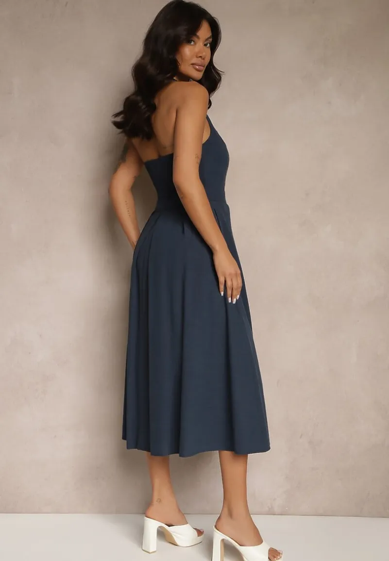 Granatowa Rozkloszowana Sukienka z Bawełną i Wiskozą na Szyję Kinulia